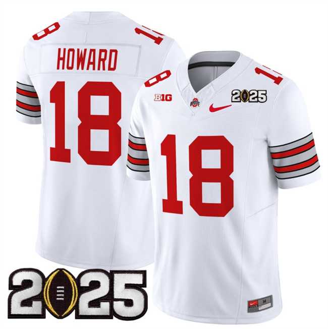 Mens Ohio State Buckeyes #18 Will Howard White 2025 CFP Final Patch F.U.S.E. Vapor Limited Stitched Football Jersey